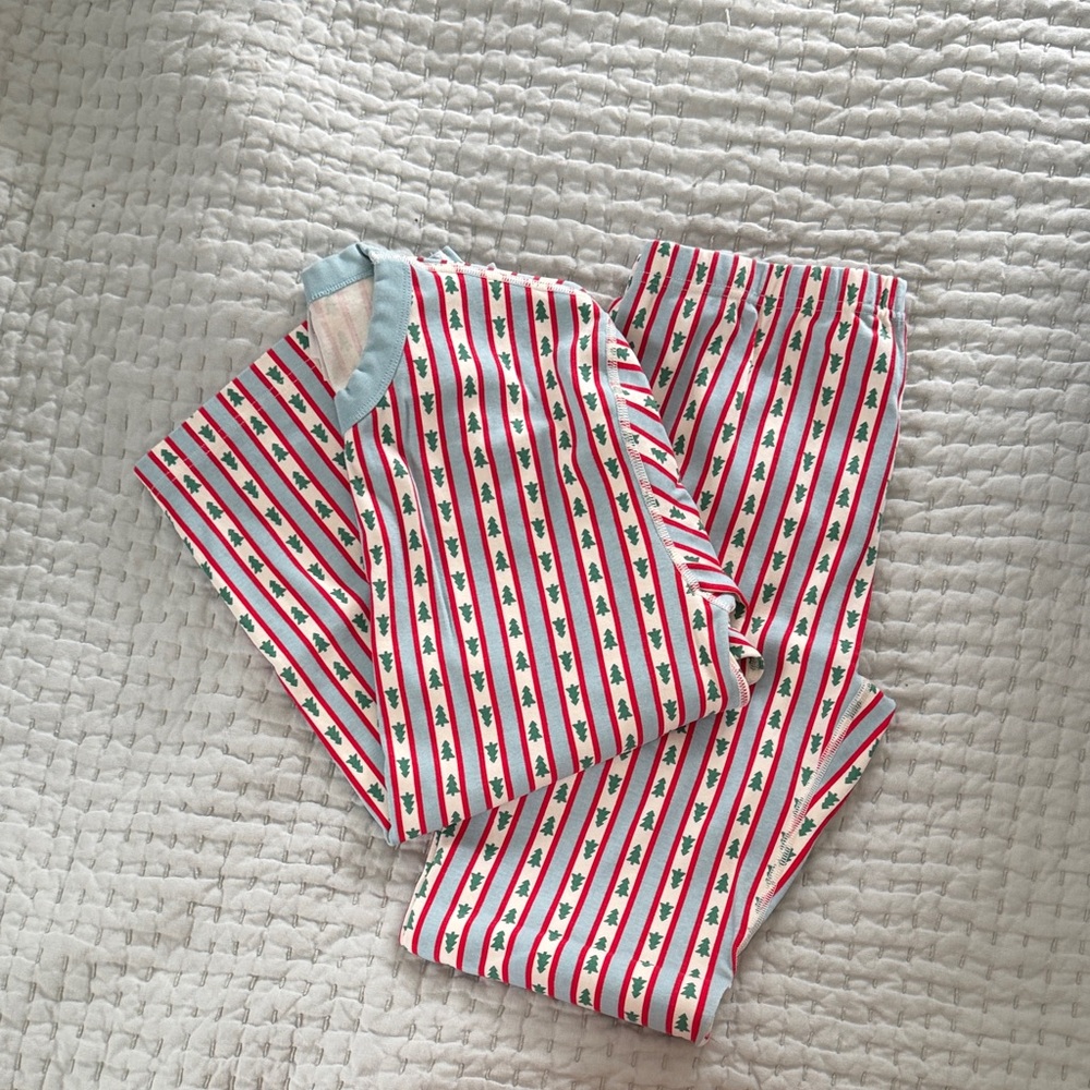 Hanna Andersson - adult long john Christmas pajamas - tree ribbon in blue